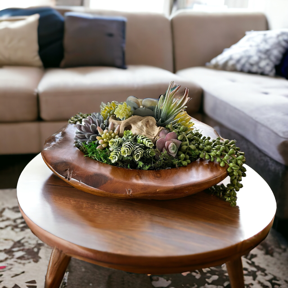 Succulent Arrangement in a Teak Bowl
