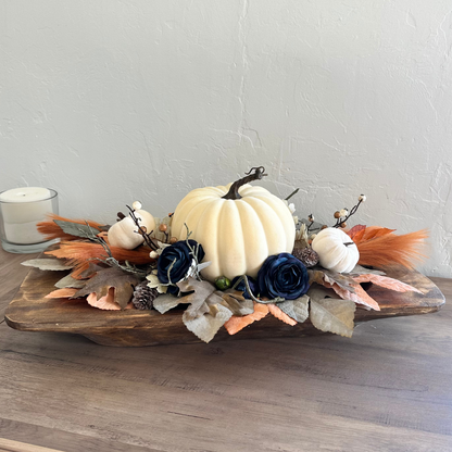 Fall Table Centerpiece with Blue Rose Accents and White Pumpkins