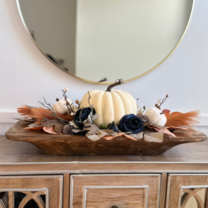 Fall Table Centerpiece with Blue Rose Accents and White Pumpkins