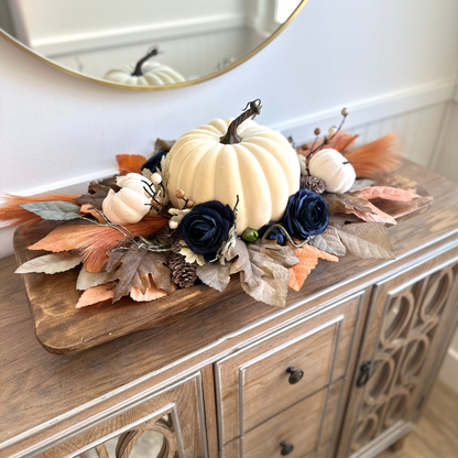 Fall Table Centerpiece with Blue Rose Accents and White Pumpkins